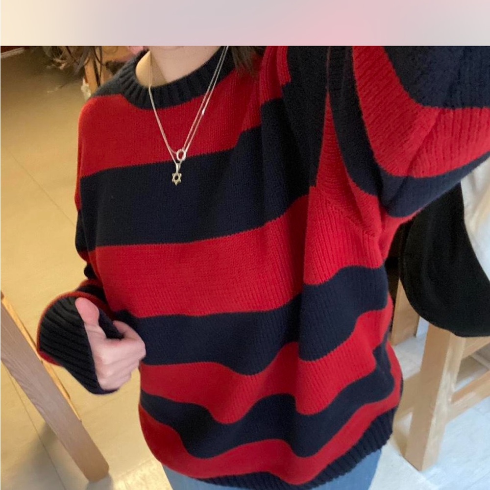 Striped Red and Navy Women’s Crewneck Sweater